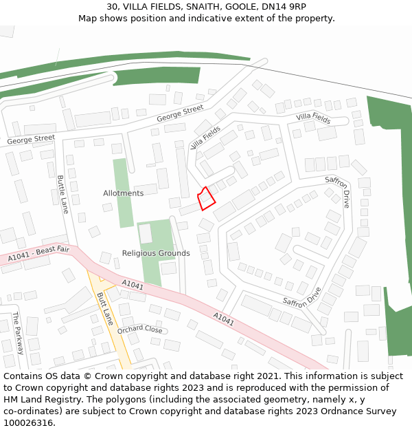 30, VILLA FIELDS, SNAITH, GOOLE, DN14 9RP: Location map and indicative extent of plot