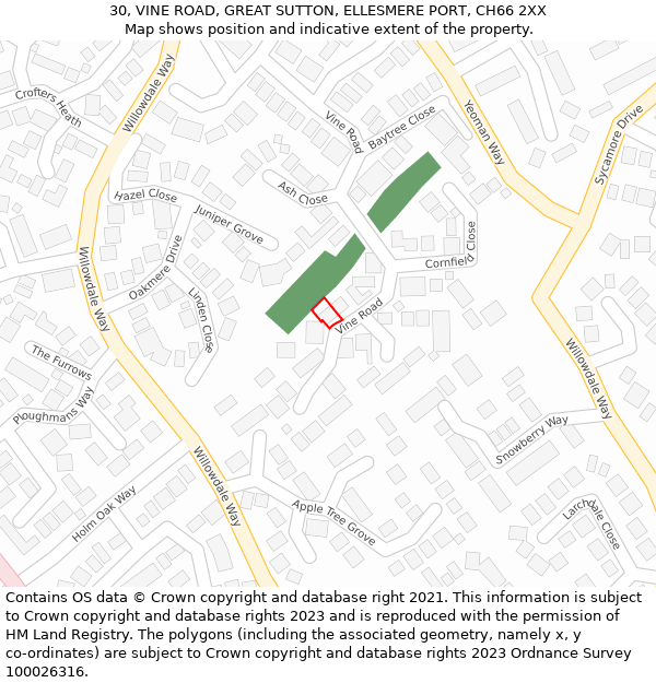 30, VINE ROAD, GREAT SUTTON, ELLESMERE PORT, CH66 2XX: Location map and indicative extent of plot