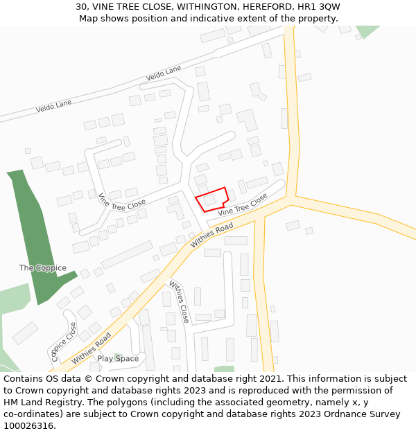 30, VINE TREE CLOSE, WITHINGTON, HEREFORD, HR1 3QW: Location map and indicative extent of plot