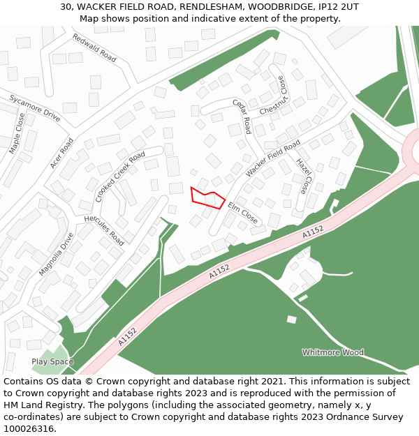 30, WACKER FIELD ROAD, RENDLESHAM, WOODBRIDGE, IP12 2UT: Location map and indicative extent of plot