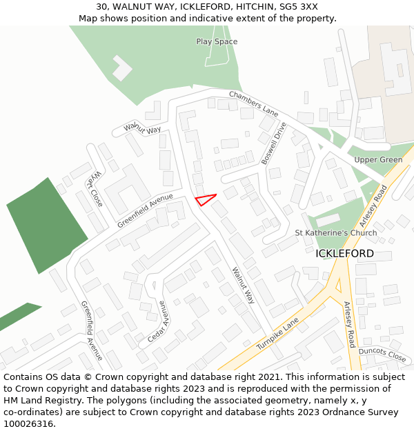 30, WALNUT WAY, ICKLEFORD, HITCHIN, SG5 3XX: Location map and indicative extent of plot