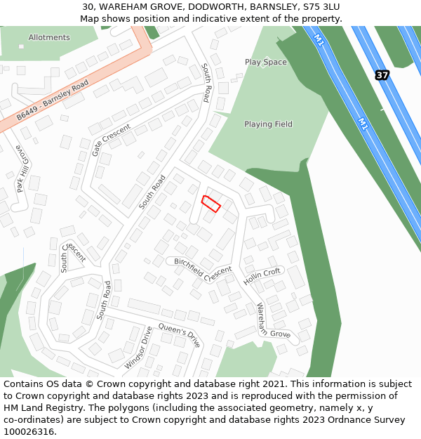 30, WAREHAM GROVE, DODWORTH, BARNSLEY, S75 3LU: Location map and indicative extent of plot