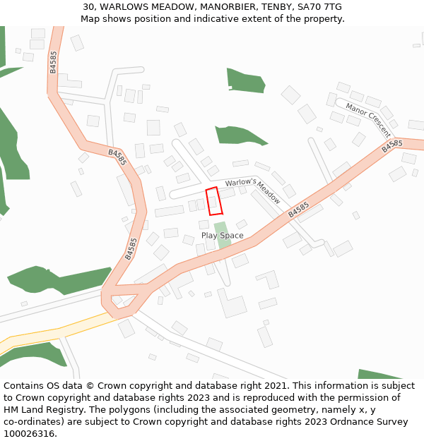 30, WARLOWS MEADOW, MANORBIER, TENBY, SA70 7TG: Location map and indicative extent of plot