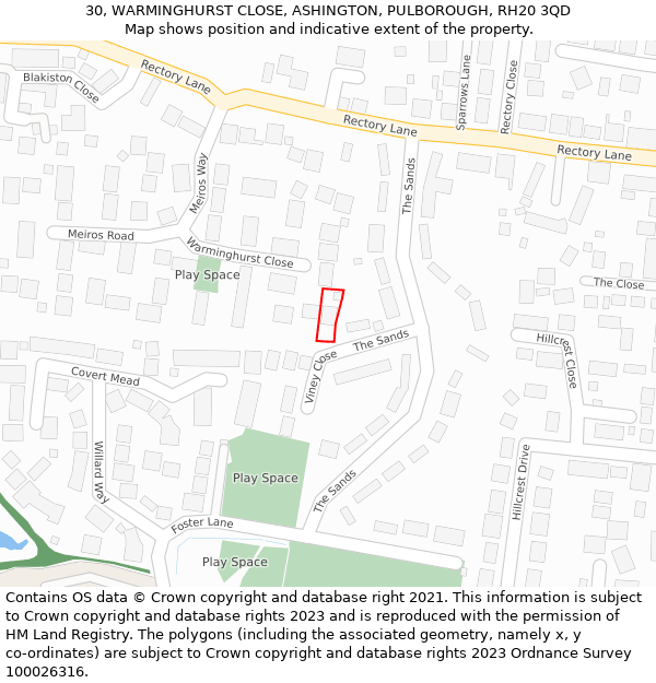 30, WARMINGHURST CLOSE, ASHINGTON, PULBOROUGH, RH20 3QD: Location map and indicative extent of plot