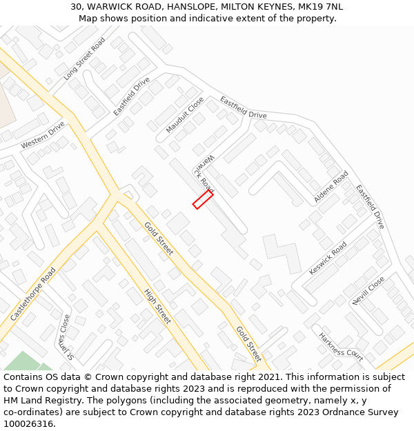 30, WARWICK ROAD, HANSLOPE, MILTON KEYNES, MK19 7NL: Location map and indicative extent of plot