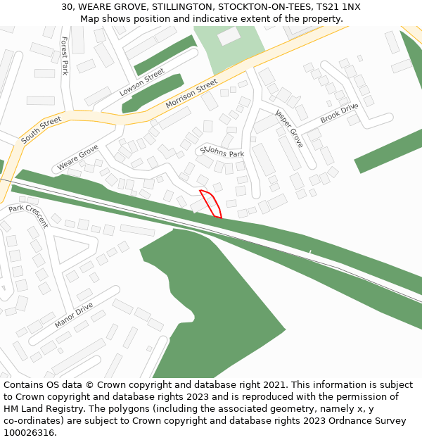 30, WEARE GROVE, STILLINGTON, STOCKTON-ON-TEES, TS21 1NX: Location map and indicative extent of plot