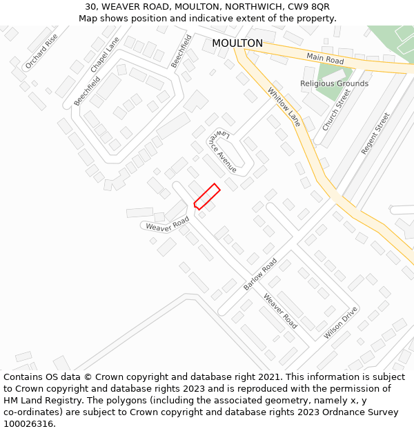 30, WEAVER ROAD, MOULTON, NORTHWICH, CW9 8QR: Location map and indicative extent of plot