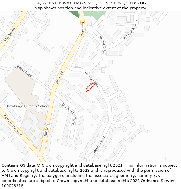 30, WEBSTER WAY, HAWKINGE, FOLKESTONE, CT18 7QG: Location map and indicative extent of plot