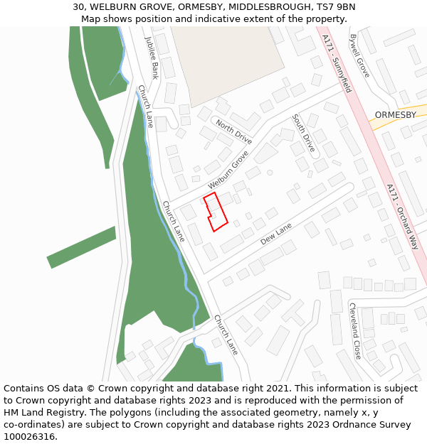 30, WELBURN GROVE, ORMESBY, MIDDLESBROUGH, TS7 9BN: Location map and indicative extent of plot