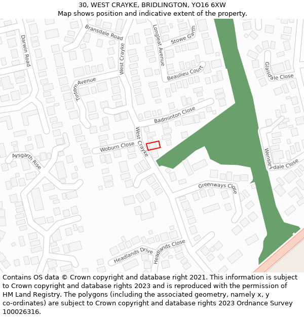 30, WEST CRAYKE, BRIDLINGTON, YO16 6XW: Location map and indicative extent of plot