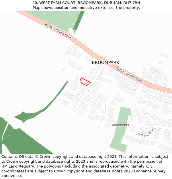 30, WEST FARM COURT, BROOMPARK, DURHAM, DH7 7RN: Location map and indicative extent of plot