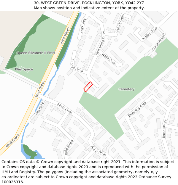 30, WEST GREEN DRIVE, POCKLINGTON, YORK, YO42 2YZ: Location map and indicative extent of plot