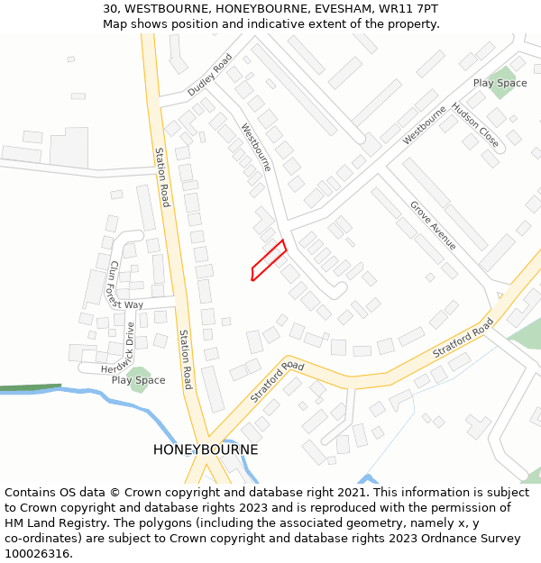 30, WESTBOURNE, HONEYBOURNE, EVESHAM, WR11 7PT: Location map and indicative extent of plot