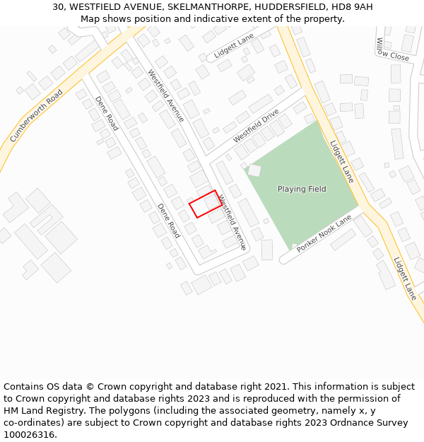 30, WESTFIELD AVENUE, SKELMANTHORPE, HUDDERSFIELD, HD8 9AH: Location map and indicative extent of plot