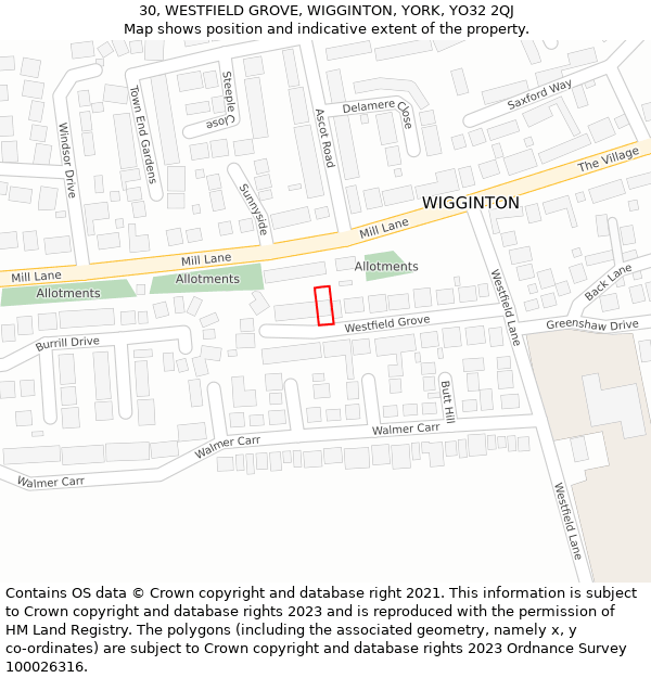 30, WESTFIELD GROVE, WIGGINTON, YORK, YO32 2QJ: Location map and indicative extent of plot