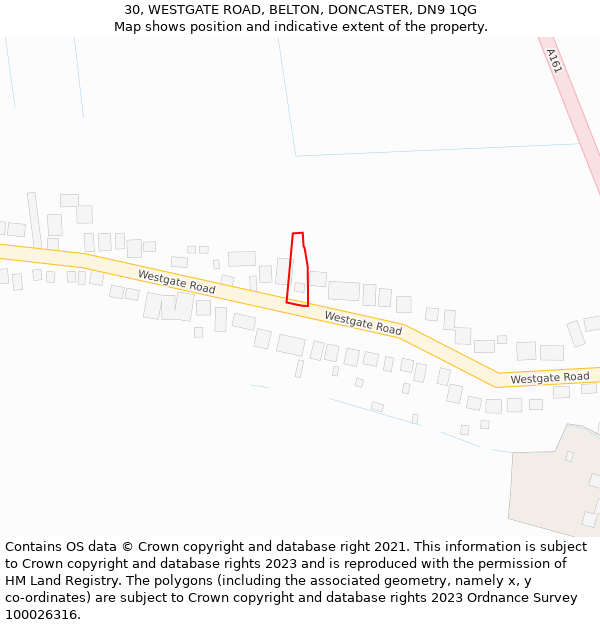 30, WESTGATE ROAD, BELTON, DONCASTER, DN9 1QG: Location map and indicative extent of plot