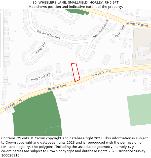 30, WHEELERS LANE, SMALLFIELD, HORLEY, RH6 9PT: Location map and indicative extent of plot