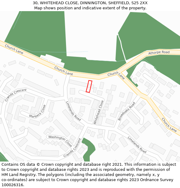 30, WHITEHEAD CLOSE, DINNINGTON, SHEFFIELD, S25 2XX: Location map and indicative extent of plot