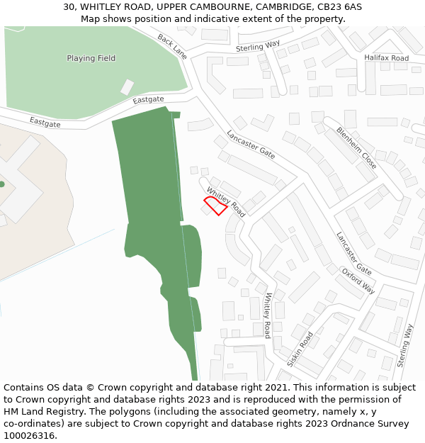 30, WHITLEY ROAD, UPPER CAMBOURNE, CAMBRIDGE, CB23 6AS: Location map and indicative extent of plot