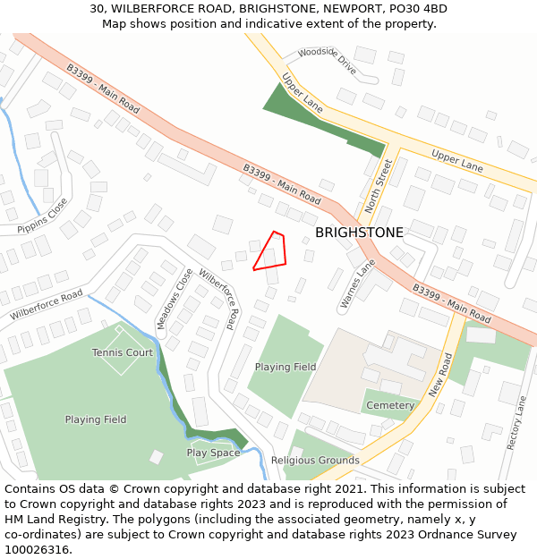 30, WILBERFORCE ROAD, BRIGHSTONE, NEWPORT, PO30 4BD: Location map and indicative extent of plot