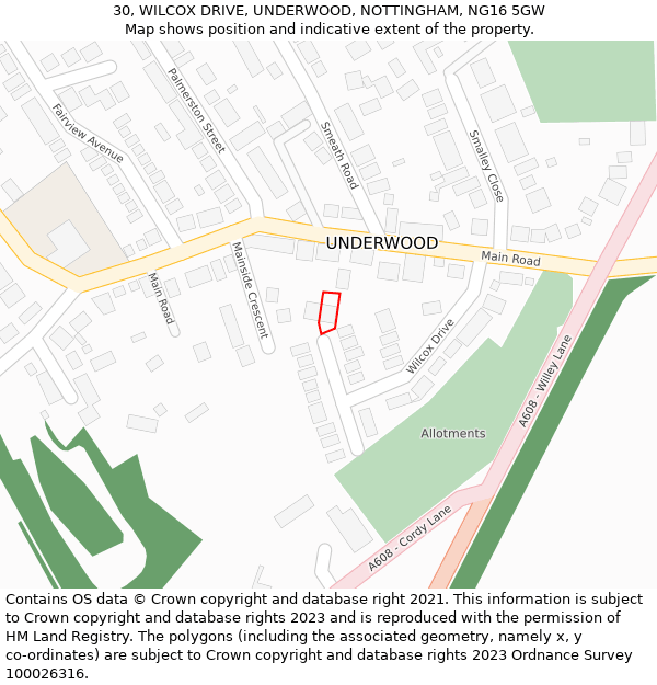 30, WILCOX DRIVE, UNDERWOOD, NOTTINGHAM, NG16 5GW: Location map and indicative extent of plot