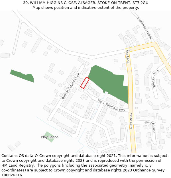 30, WILLIAM HIGGINS CLOSE, ALSAGER, STOKE-ON-TRENT, ST7 2GU: Location map and indicative extent of plot