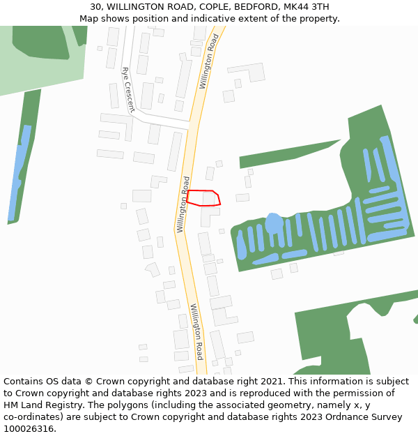 30, WILLINGTON ROAD, COPLE, BEDFORD, MK44 3TH: Location map and indicative extent of plot