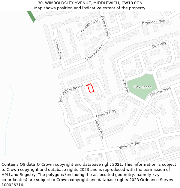 30, WIMBOLDSLEY AVENUE, MIDDLEWICH, CW10 0GN: Location map and indicative extent of plot