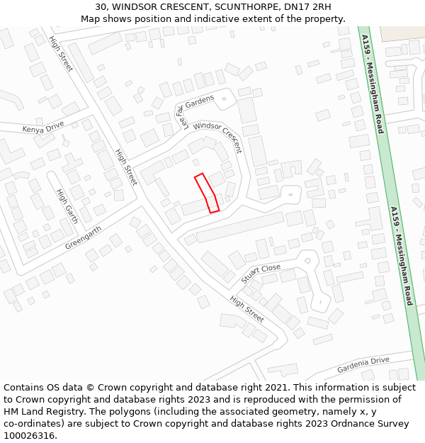 30, WINDSOR CRESCENT, SCUNTHORPE, DN17 2RH: Location map and indicative extent of plot