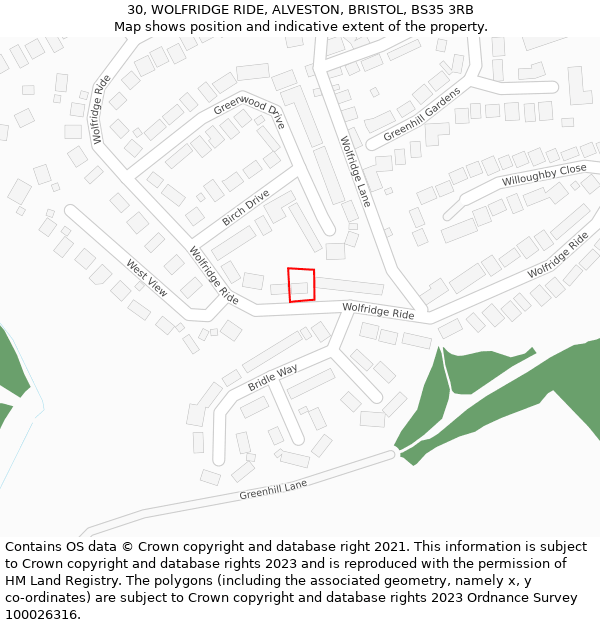 30, WOLFRIDGE RIDE, ALVESTON, BRISTOL, BS35 3RB: Location map and indicative extent of plot