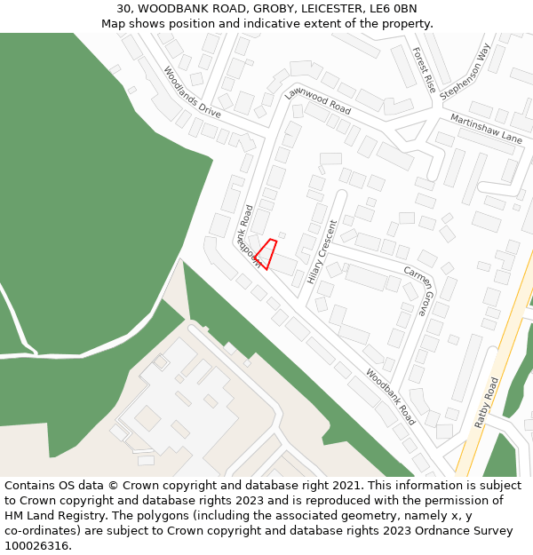 30, WOODBANK ROAD, GROBY, LEICESTER, LE6 0BN: Location map and indicative extent of plot