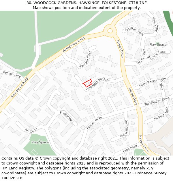 30, WOODCOCK GARDENS, HAWKINGE, FOLKESTONE, CT18 7NE: Location map and indicative extent of plot