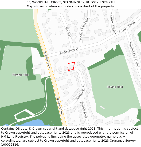30, WOODHALL CROFT, STANNINGLEY, PUDSEY, LS28 7TU: Location map and indicative extent of plot