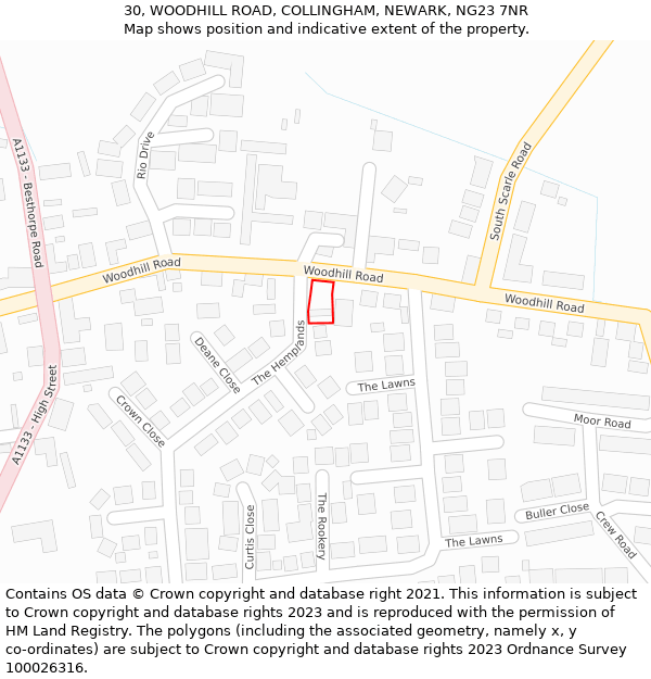 30, WOODHILL ROAD, COLLINGHAM, NEWARK, NG23 7NR: Location map and indicative extent of plot