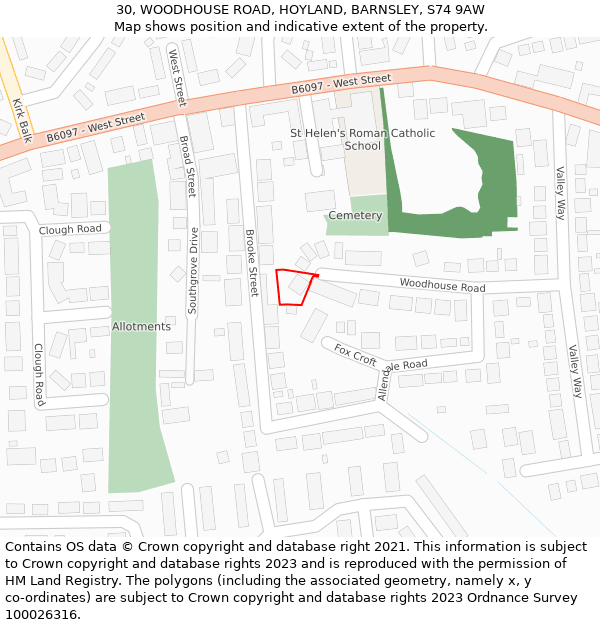 30, WOODHOUSE ROAD, HOYLAND, BARNSLEY, S74 9AW: Location map and indicative extent of plot