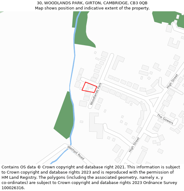 30, WOODLANDS PARK, GIRTON, CAMBRIDGE, CB3 0QB: Location map and indicative extent of plot