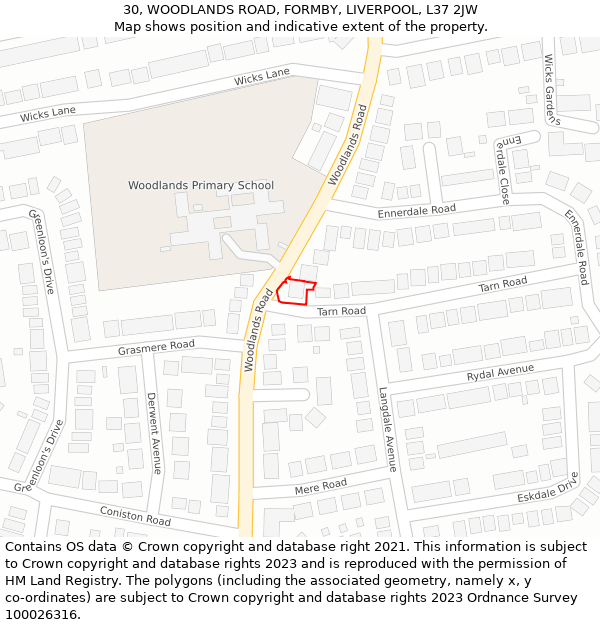 30, WOODLANDS ROAD, FORMBY, LIVERPOOL, L37 2JW: Location map and indicative extent of plot