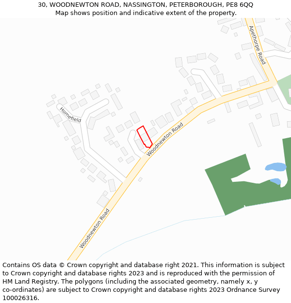 30, WOODNEWTON ROAD, NASSINGTON, PETERBOROUGH, PE8 6QQ: Location map and indicative extent of plot