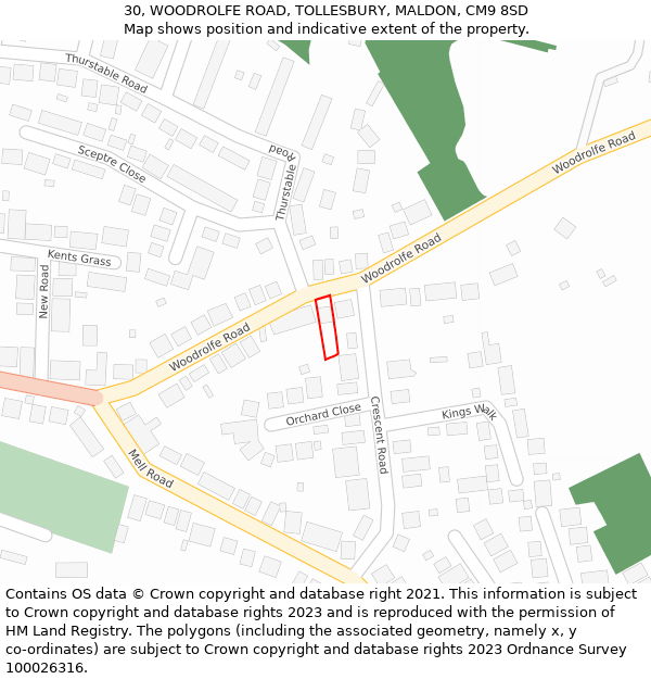 30, WOODROLFE ROAD, TOLLESBURY, MALDON, CM9 8SD: Location map and indicative extent of plot