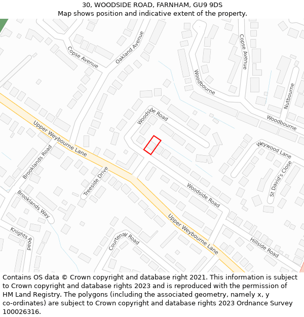 30, WOODSIDE ROAD, FARNHAM, GU9 9DS: Location map and indicative extent of plot