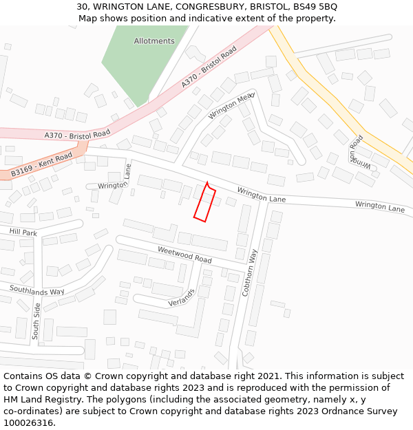 30, WRINGTON LANE, CONGRESBURY, BRISTOL, BS49 5BQ: Location map and indicative extent of plot