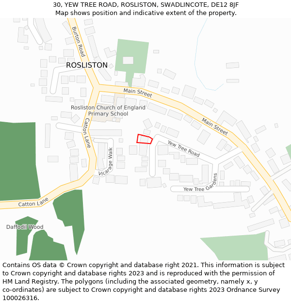 30, YEW TREE ROAD, ROSLISTON, SWADLINCOTE, DE12 8JF: Location map and indicative extent of plot