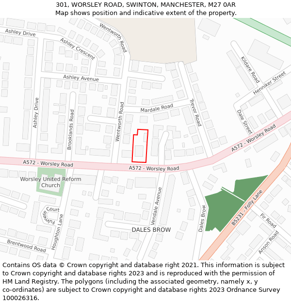 301, WORSLEY ROAD, SWINTON, MANCHESTER, M27 0AR: Location map and indicative extent of plot