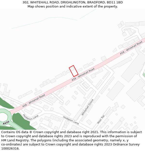 302, WHITEHALL ROAD, DRIGHLINGTON, BRADFORD, BD11 1BD: Location map and indicative extent of plot