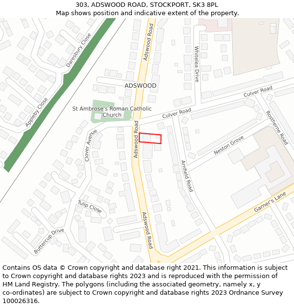 303, ADSWOOD ROAD, STOCKPORT, SK3 8PL: Location map and indicative extent of plot