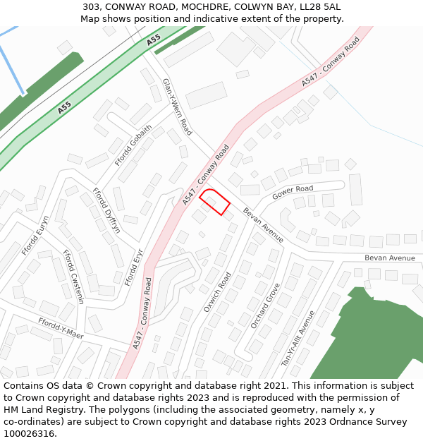 303, CONWAY ROAD, MOCHDRE, COLWYN BAY, LL28 5AL: Location map and indicative extent of plot