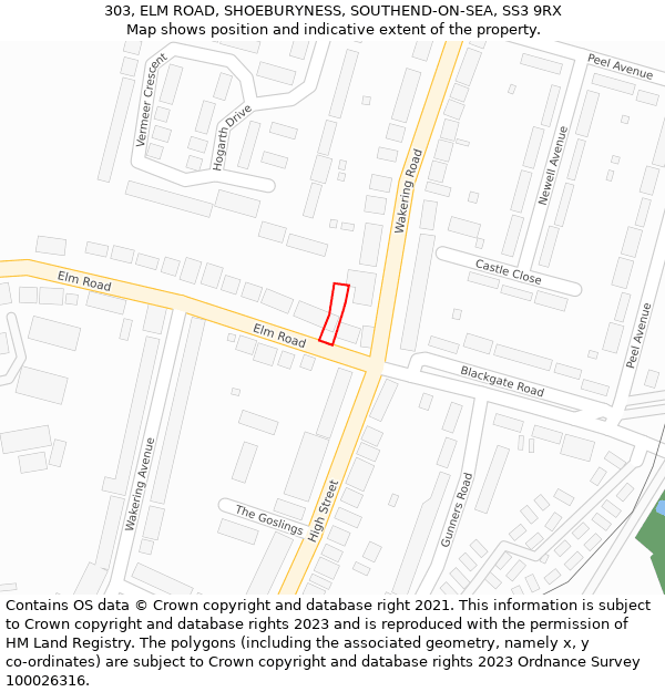 303, ELM ROAD, SHOEBURYNESS, SOUTHEND-ON-SEA, SS3 9RX: Location map and indicative extent of plot