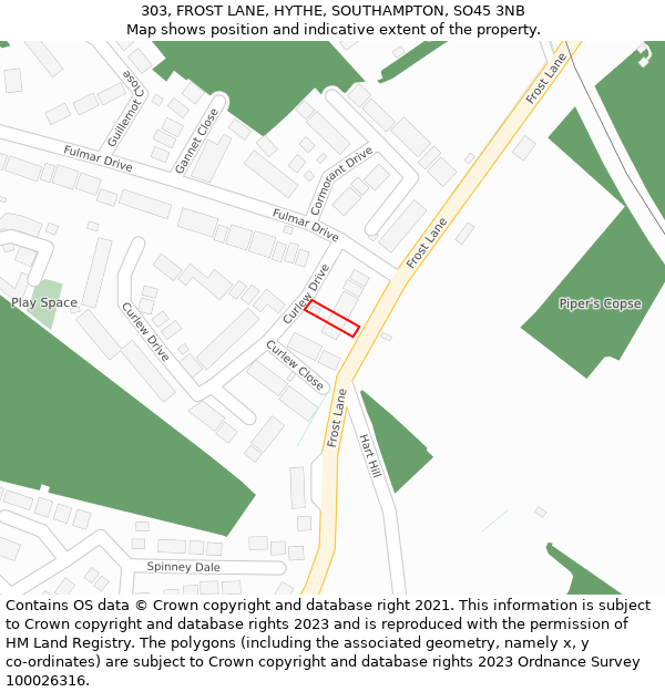 303, FROST LANE, HYTHE, SOUTHAMPTON, SO45 3NB: Location map and indicative extent of plot