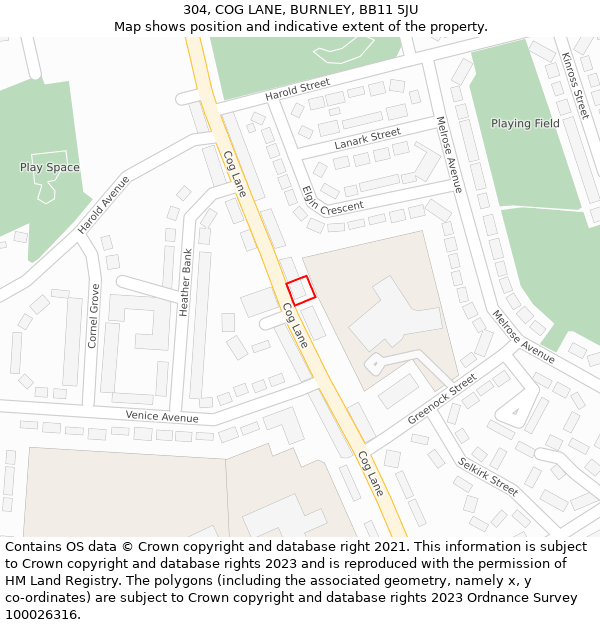 304, COG LANE, BURNLEY, BB11 5JU: Location map and indicative extent of plot