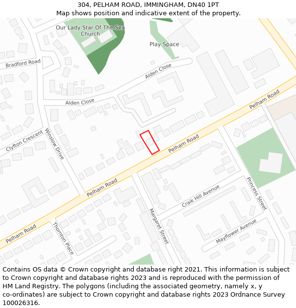 304, PELHAM ROAD, IMMINGHAM, DN40 1PT: Location map and indicative extent of plot
